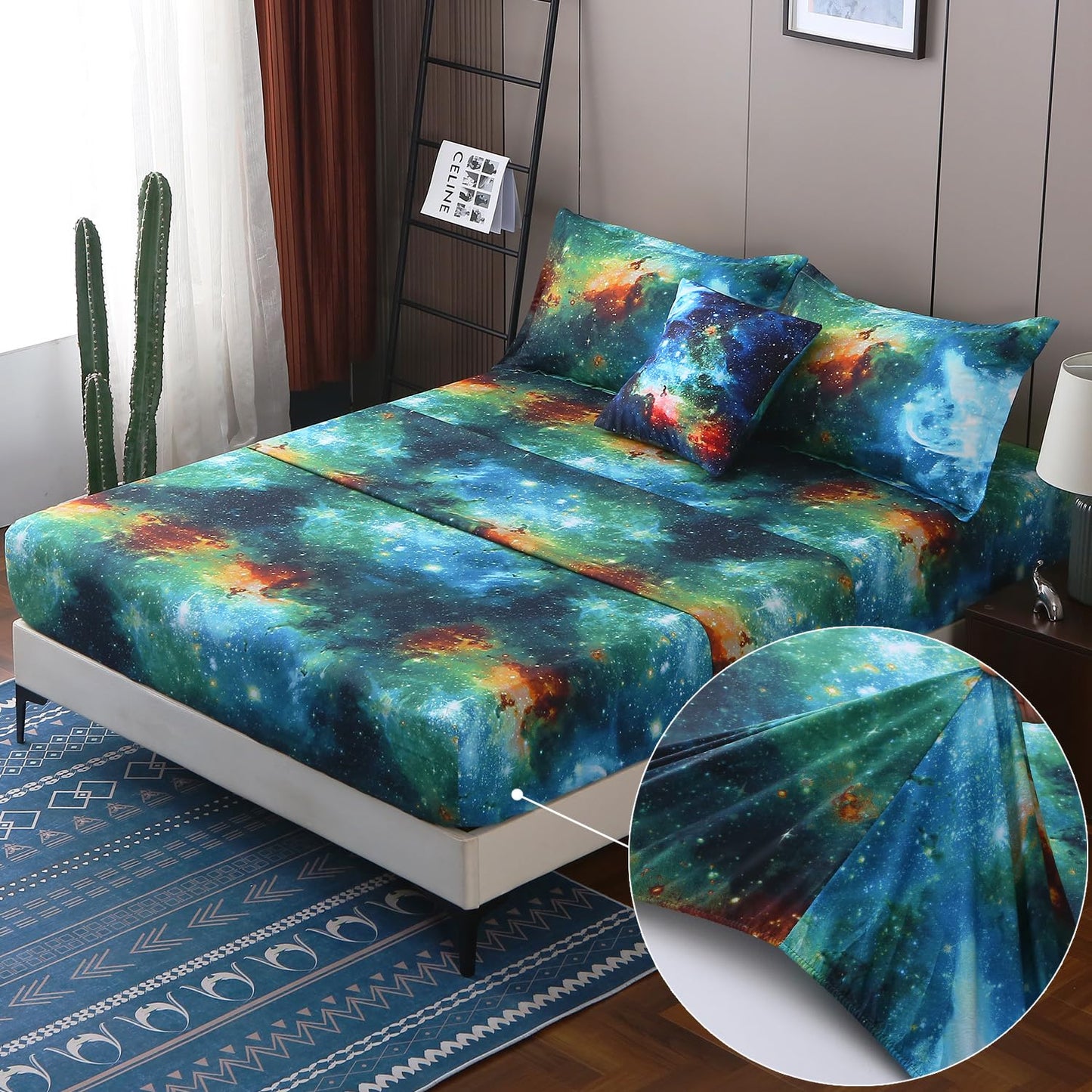 JQinHome Twin Galaxy Comforter Sets 6 Piece Bed in A Bag, Outer Space Themed Bedding for Children Boy Girl Teen Kids,1 Comforter, 1 Flat Sheet, 1 Fitted Sheet, 2 Pillowshams, 1 Cushion Cover(Blue)