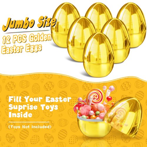12 PCS Jumbo Gold Easter Eggs 6 Inch Giant Metallic Golden Easter Eggs Fillable Large Suprise Egg for Easter Themed Hunt Basket Stuffers Fillers Filling Treats Party Favors Classroom Prize Supplies