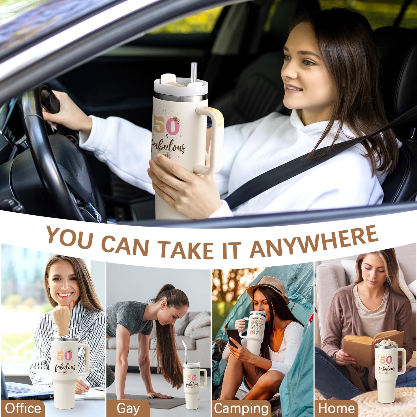 Gtmileo 50th Birthday Gifts for Her Women, 1975 Birthday Gift For Women 40oz Tumbler with Handle, 50 Year Old Birthday Gifts for Women, Cool Gifts for 50th Birthday Woman for Friends Family, Beige