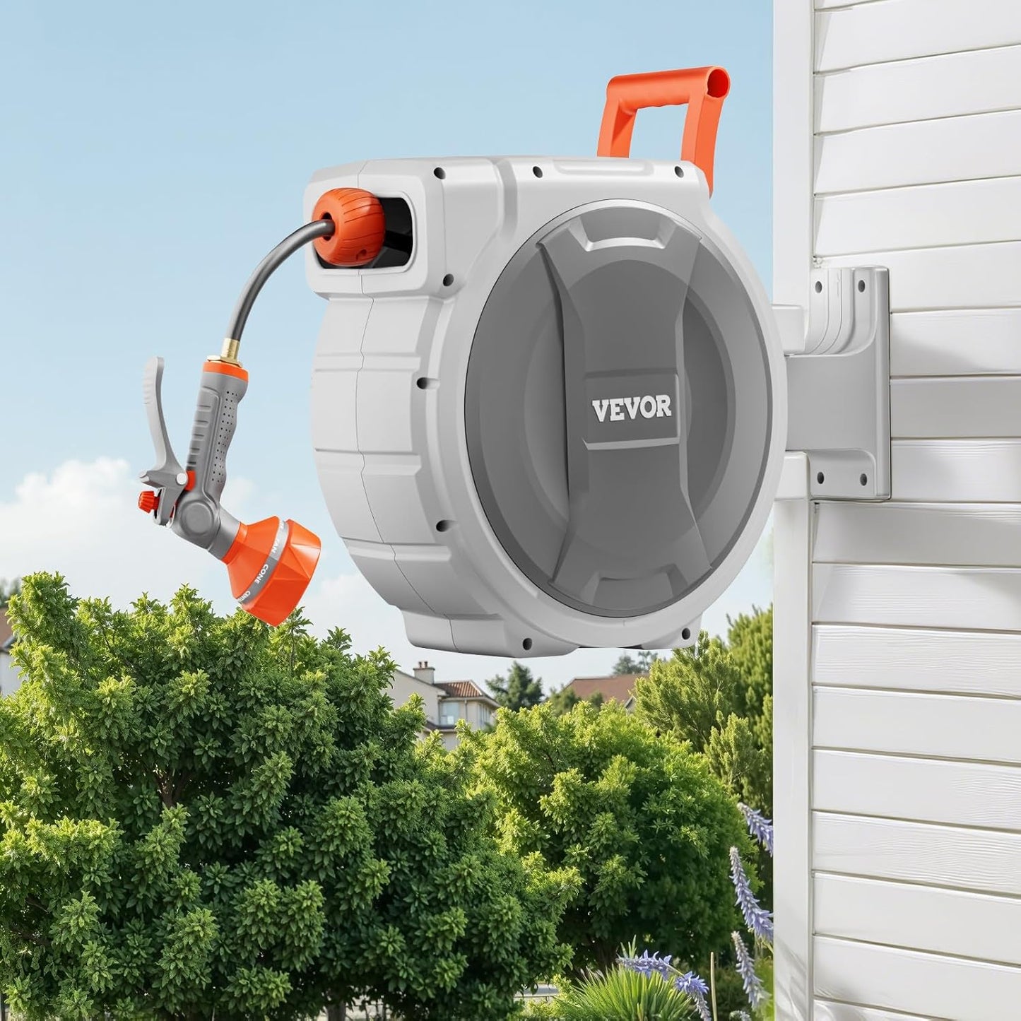 VEVOR Retractable Garden Hose Reel - 1/2 Inch x 84 ft Heavy Duty Wall Mounted with 9-Pattern Nozzle & 180° Swivel Bracket