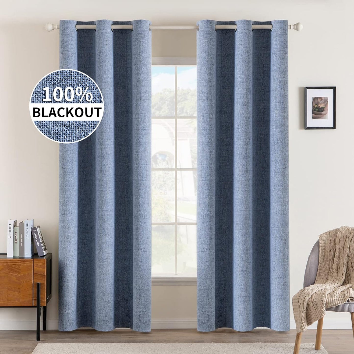 MIULEE Linen Blackout Curtains - 100% Room Darkening Thermal Insulated Grommet Panels | 2 PCs, 42" x 90", Stone Blue