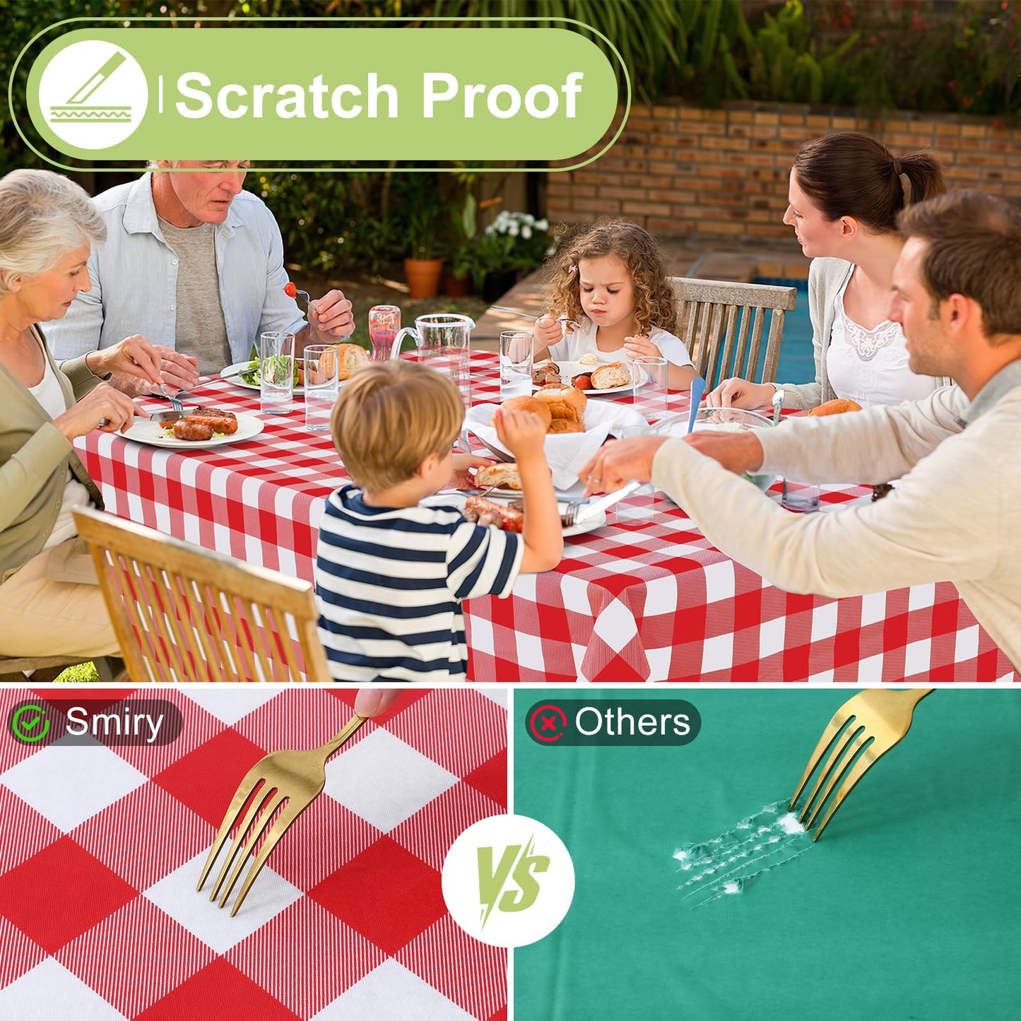 Smiry Rectangle Table Cloth, Waterproof Vinyl Tablecloths with Flannel Backing, Wipeable Buffalo Plaid Table Cover for Picnic, Indoor and Outdoor (Red & White, 60"x84")