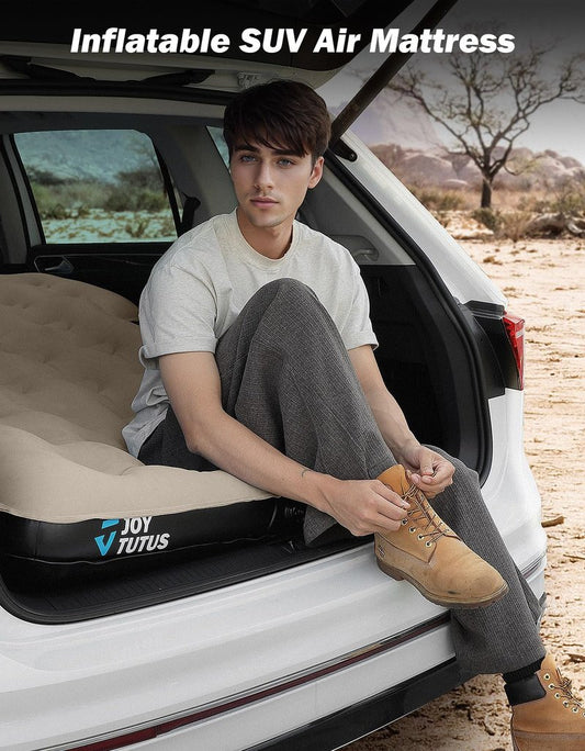 JOYTUTUS SUV Air Mattress Camping Bed,3.0 Thickened Flocking Car Camping Inflatable Mattress,Anti-Leakage,with 2 Pillows & Electric Pump Universal Car Bed for SUV Trunk and Rear Seat,Camel
