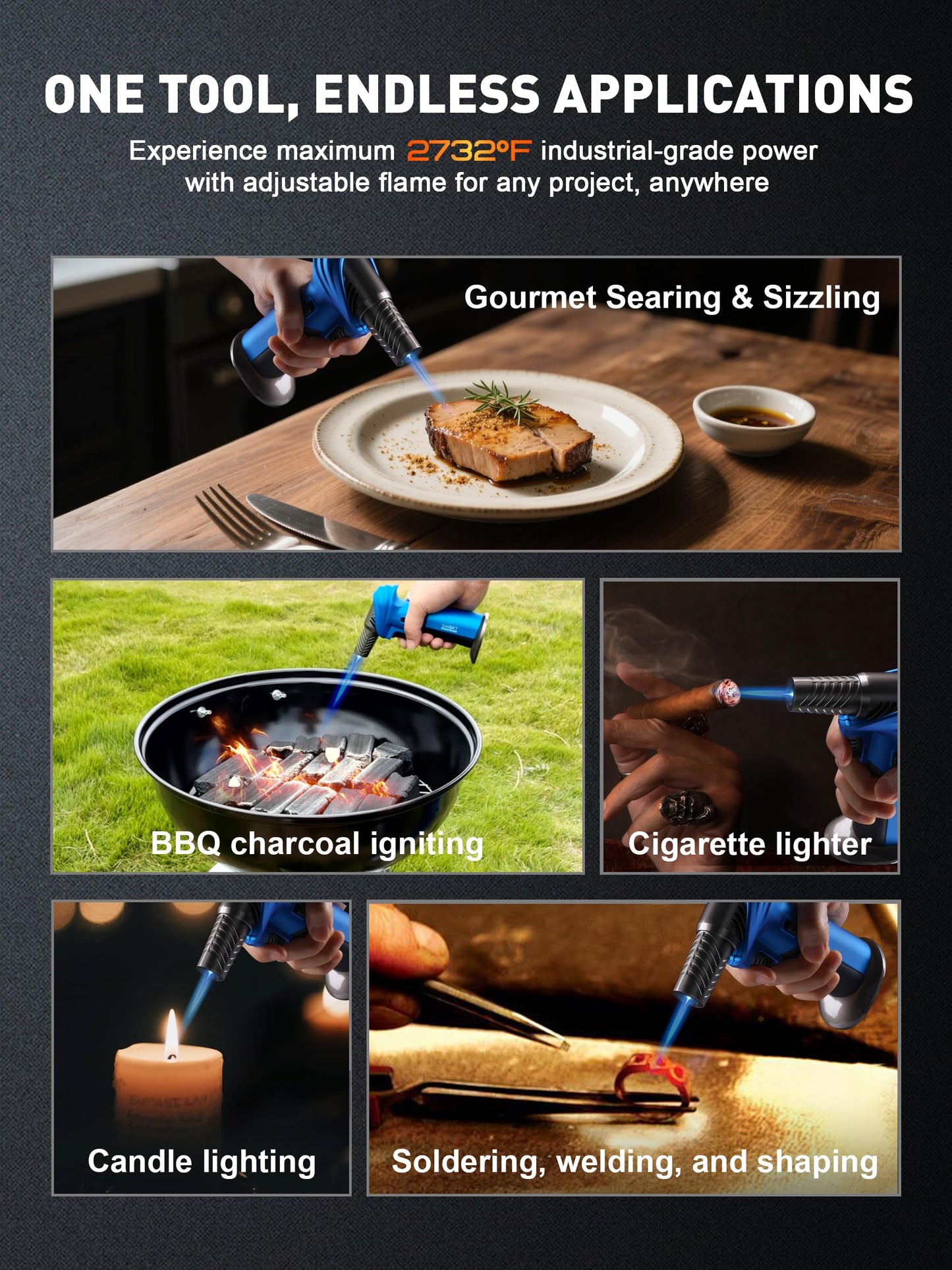 SMART JERRY - Mini Torch Gun | Butane Torch Lighter Windproof & Refillable with Safety Lock | Max 1500℃ Adjustable Flame for Cooking, BBQ, Creme Brulee, Soldering, Cigar Lighting