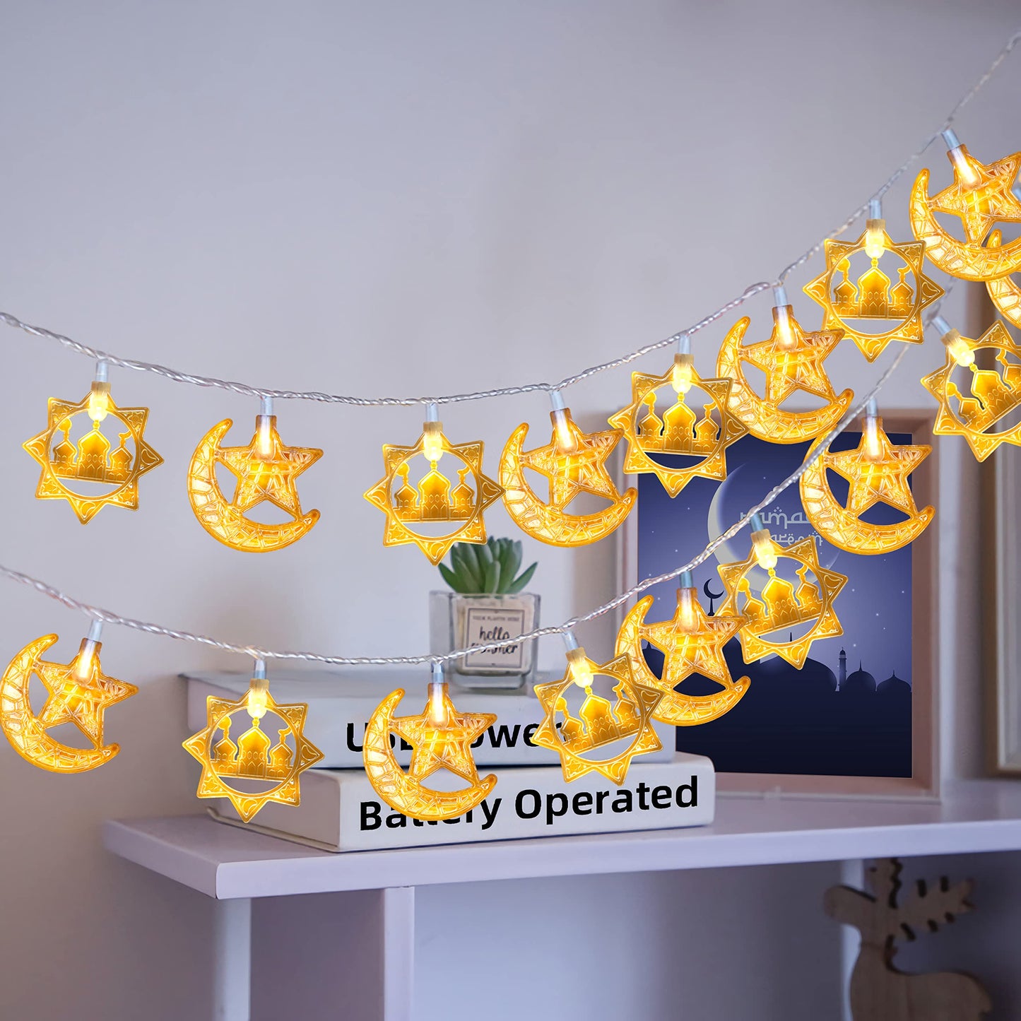 Ramadan Lights Star Moon String Lights 10Ft 20 LED Fairy Lights Battery Operated with 2 Modes Indoor Twinkle Ramadan Kareem and Eid Mubarak Decorations for Home Bedroom Eid al-Fitr Party