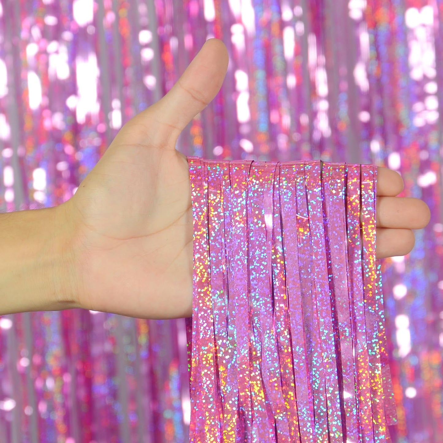 Melsan Pink Foil Fringe Curtain Easter Decorations for Home – 3 Pack 3.2 x 8.2 ft Shiny Tinsel Backdrop for Bachelorette Party, Disco Y2K Decorations, Girls Birthday & Photo Booth Backdrop