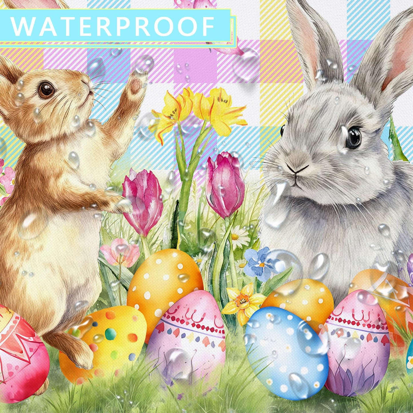Kuyuayee Easter Bunny Round Tablecloth 60x60 Inch Waterproof Rabbit Eggs Tablecloths Washable Table Cloth for Spring Easter Party Picnic Dinner Home Decor