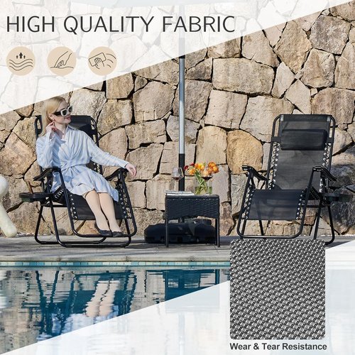 GlasFlength Zero Gravity Lounge Chair Set of 2 - Adjustable Folding Mesh Outdoor Recliners with Pillow & Cup Holders | Black