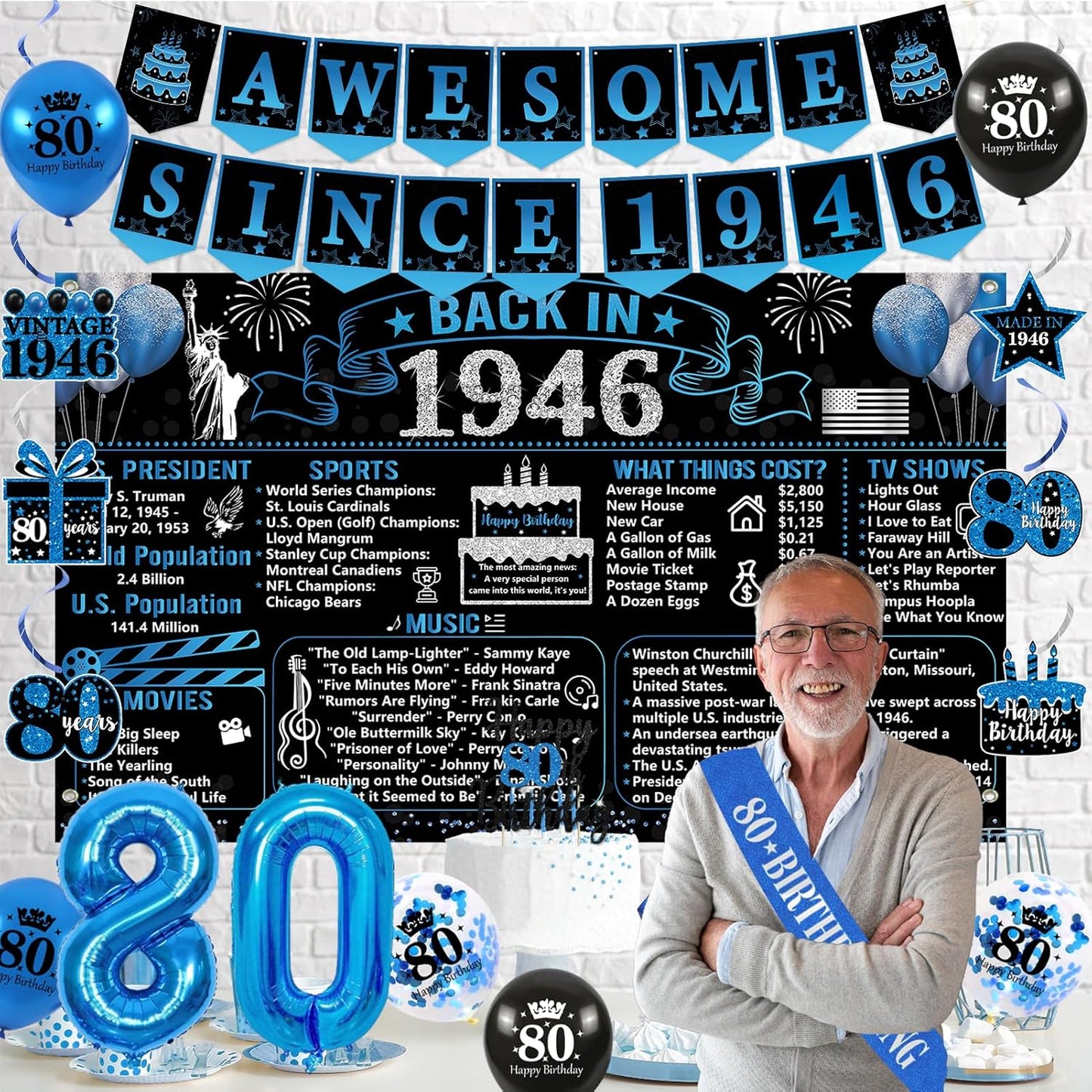 Trgowaul 80th Birthday Decorations - 20PCS Black and Blue Party Supplies Set with Banner, Sash, Cake Topper & Balloons