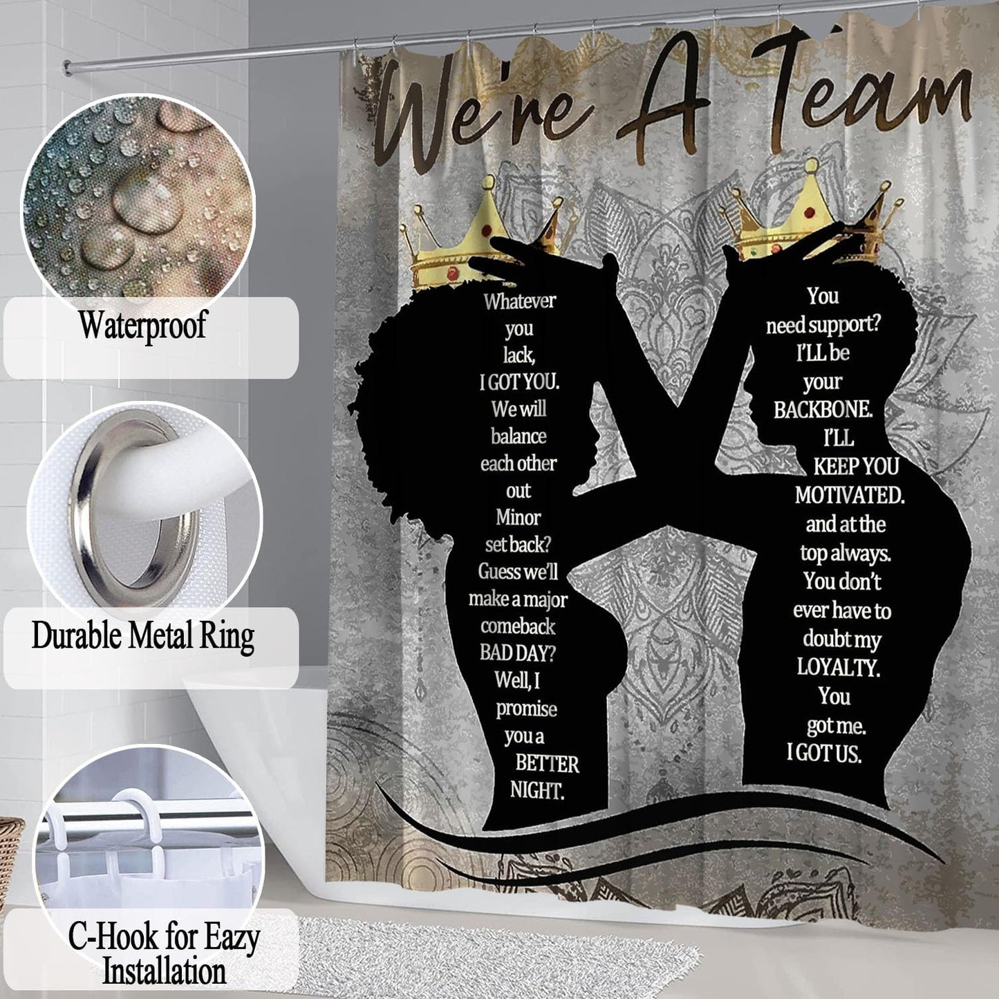 Skiennix Black King Queen Shower Curtain Set - Inspirational Quotes Bathroom Decor | 4-Piece Waterproof Fabric
