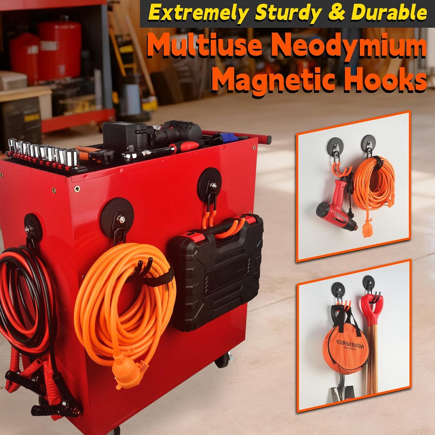 ULIBERMAGNET Ultra-Strong Magnetic Hooks - 40LB Hold for Heavy-Duty Tools | 2 Pack, Orange, 3.46 Inch