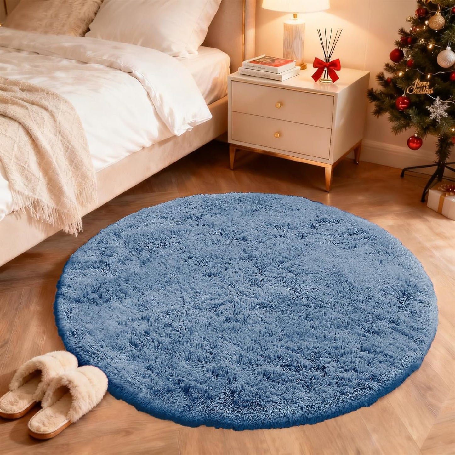 OLANLY Blue Round Area Rug - Soft, Fluffy, Machine Washable 4 ft Circle Carpet for Bedroom & Living Room Decor