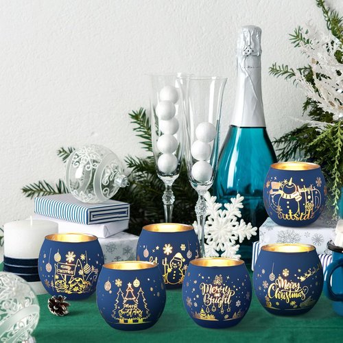 Jingmore Votive Candle Holders - 6 Pcs Glass Set with Laser Engraving Patterns for Party Decor | Navy