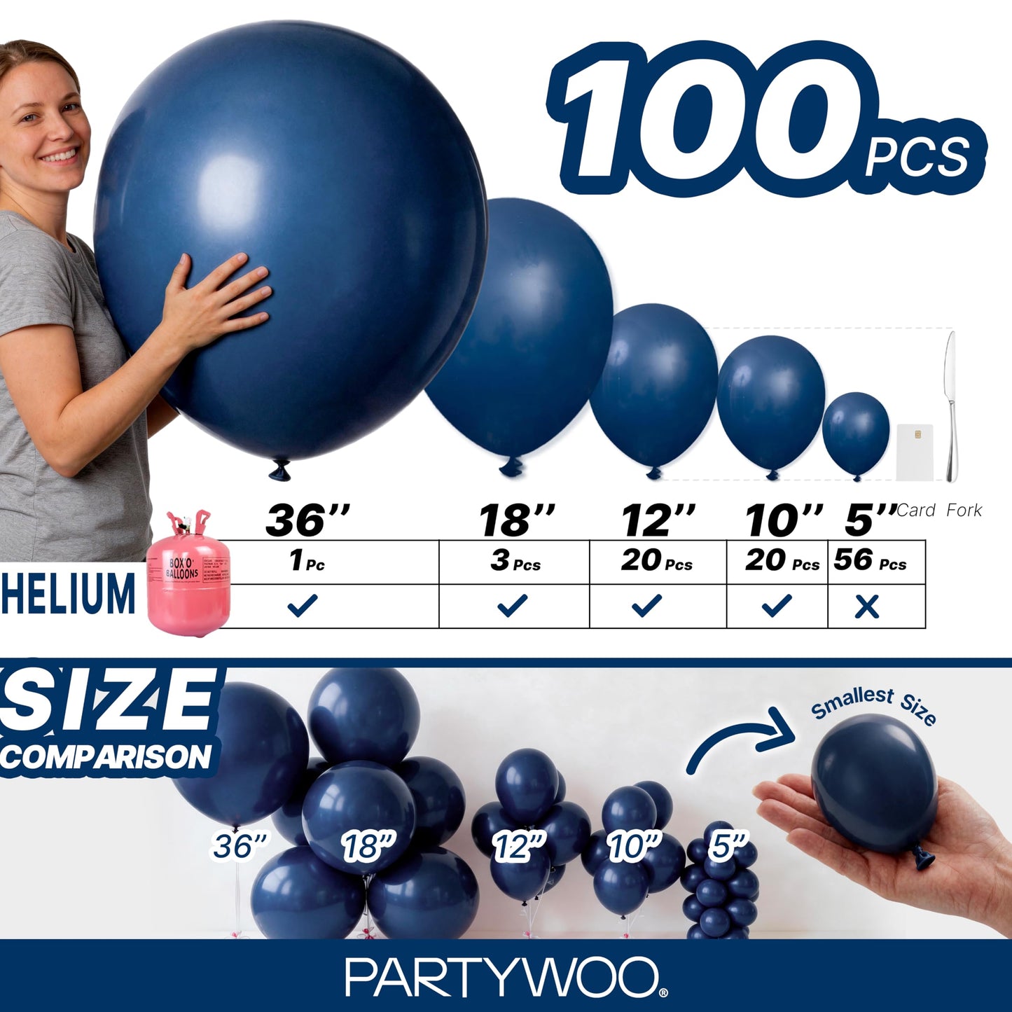 PartyWoo Navy Blue Balloons 100pcs Different Sizes of 36 18 12 10 5 Inch Dark Blue Balloon Arch Kit Garland for Graduation Wedding Sports Theme Boy Baby Shower Men Birthday Party Decorations Blue-Y72