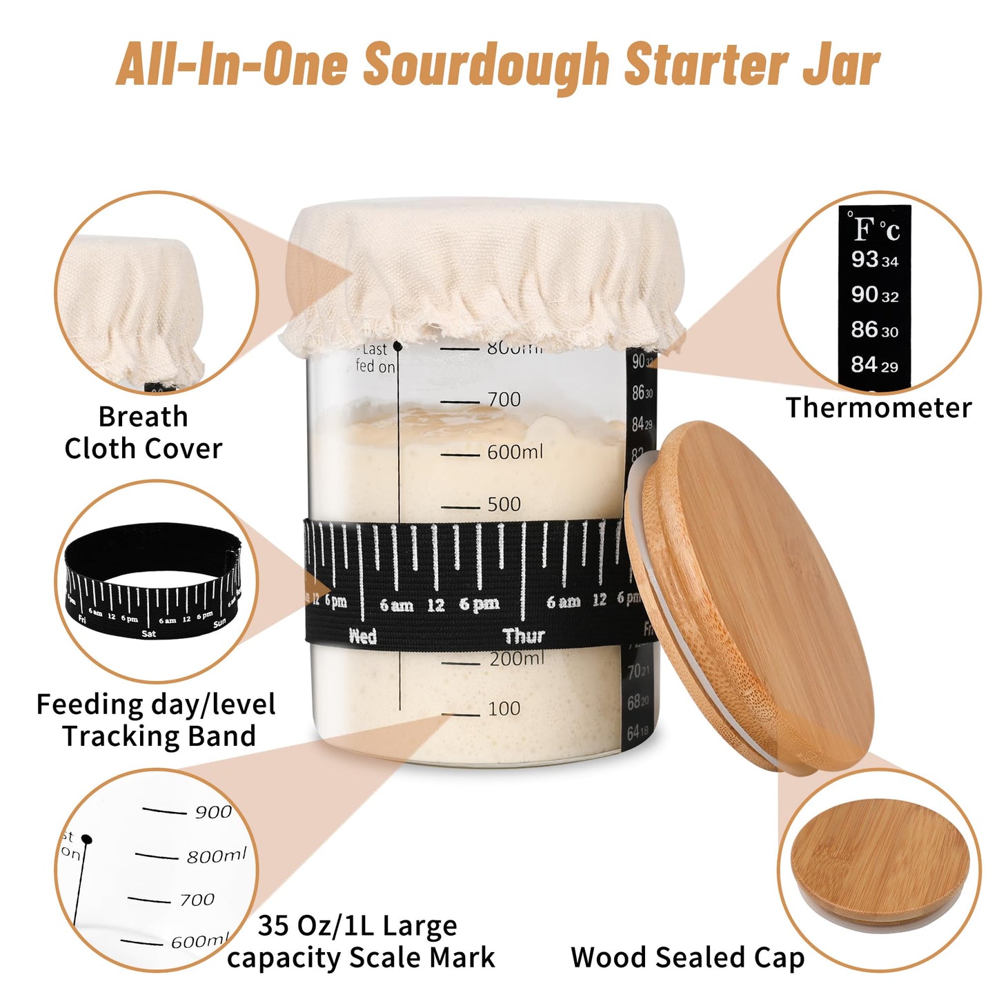 Xileanalee Pro Sourdough Starter Jar Kit- 35 Oz Large Sourdough Starter Glass Jar with Date Marked Feeding Band,Thermometer,Spatula,Cloth Cover& Lid for Sour Dough Bread Loaf
