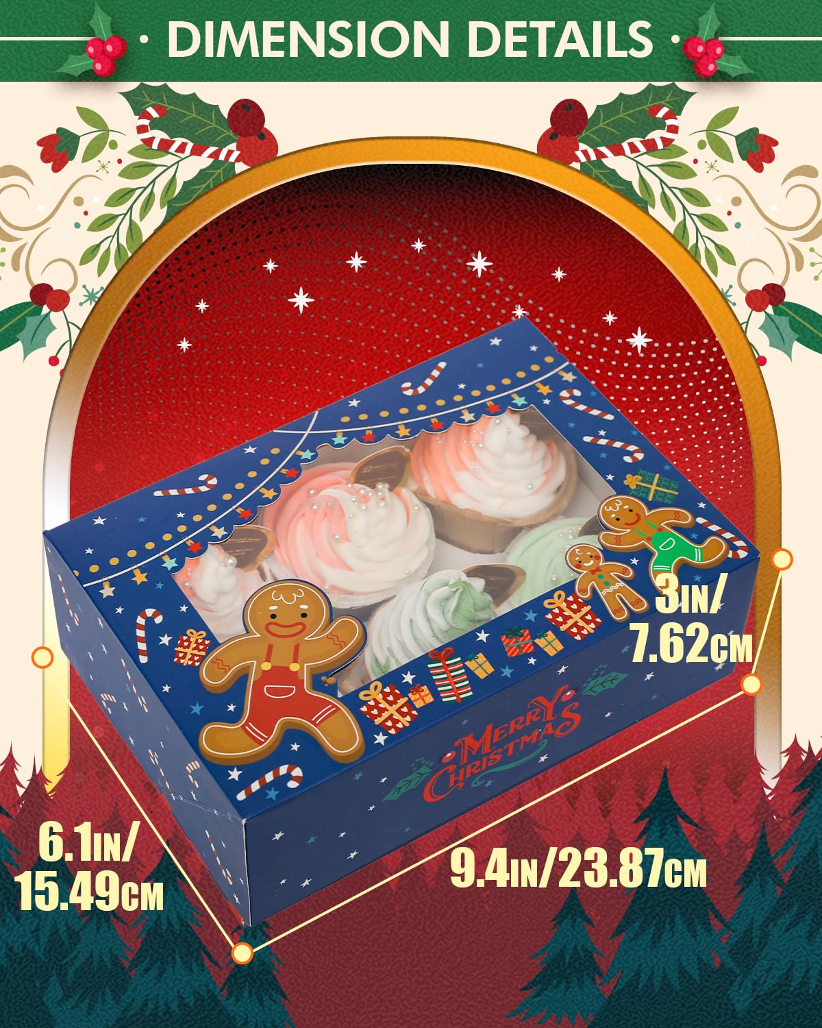 qiqee Christmas 6 Cupcake Boxes with Window 30 Packs Cupcake Box 9.4x6.1x3 inch Bakery Boxes For Cupcakes Carrier, Cupcake Containers