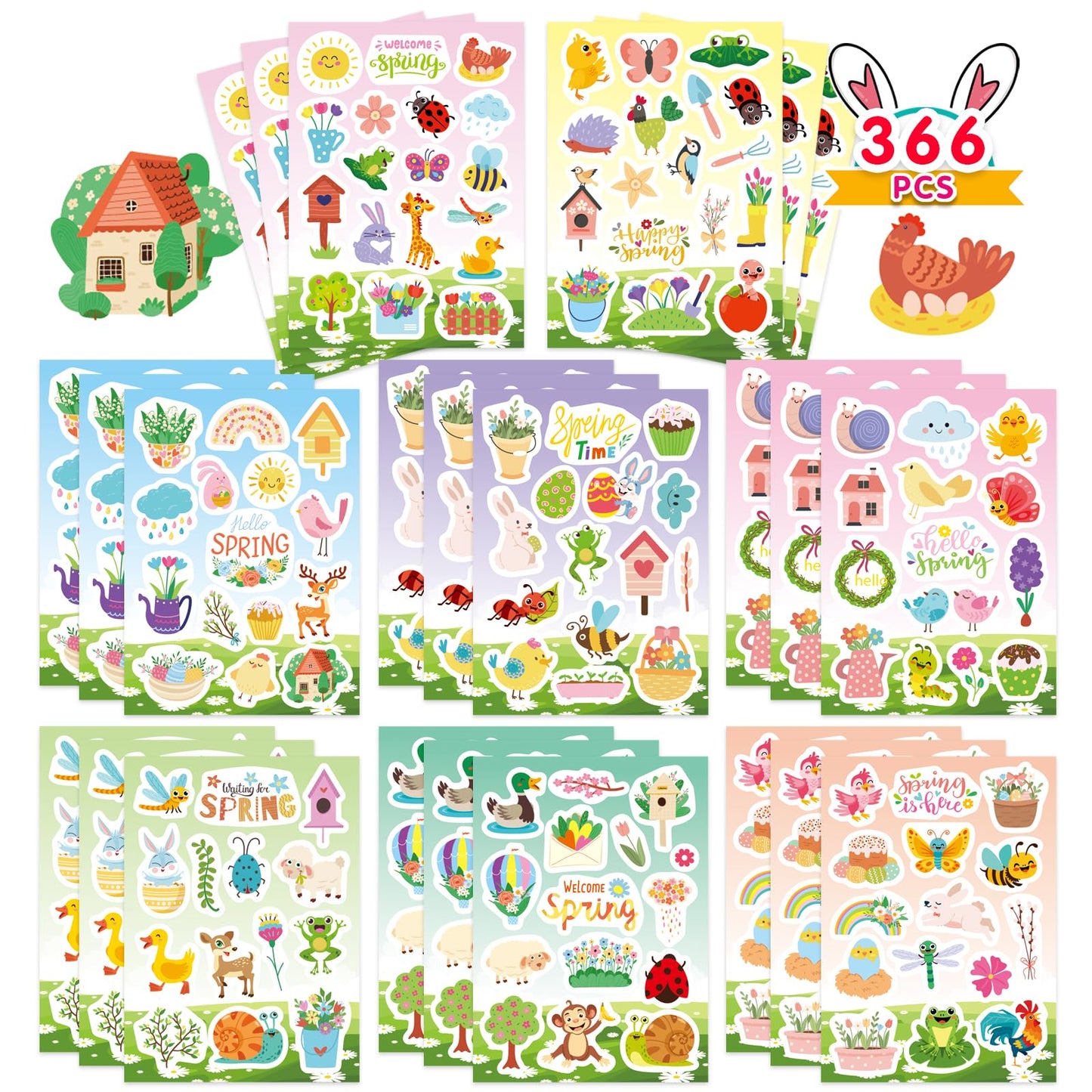 24 Sheets Spring Stickers for Kids, 366 PCS Spring Flowers Stickers for Cards Envelopes Butterfly Bug Animal Nature Sticker School Classroom Teachers Rewards Party Favors