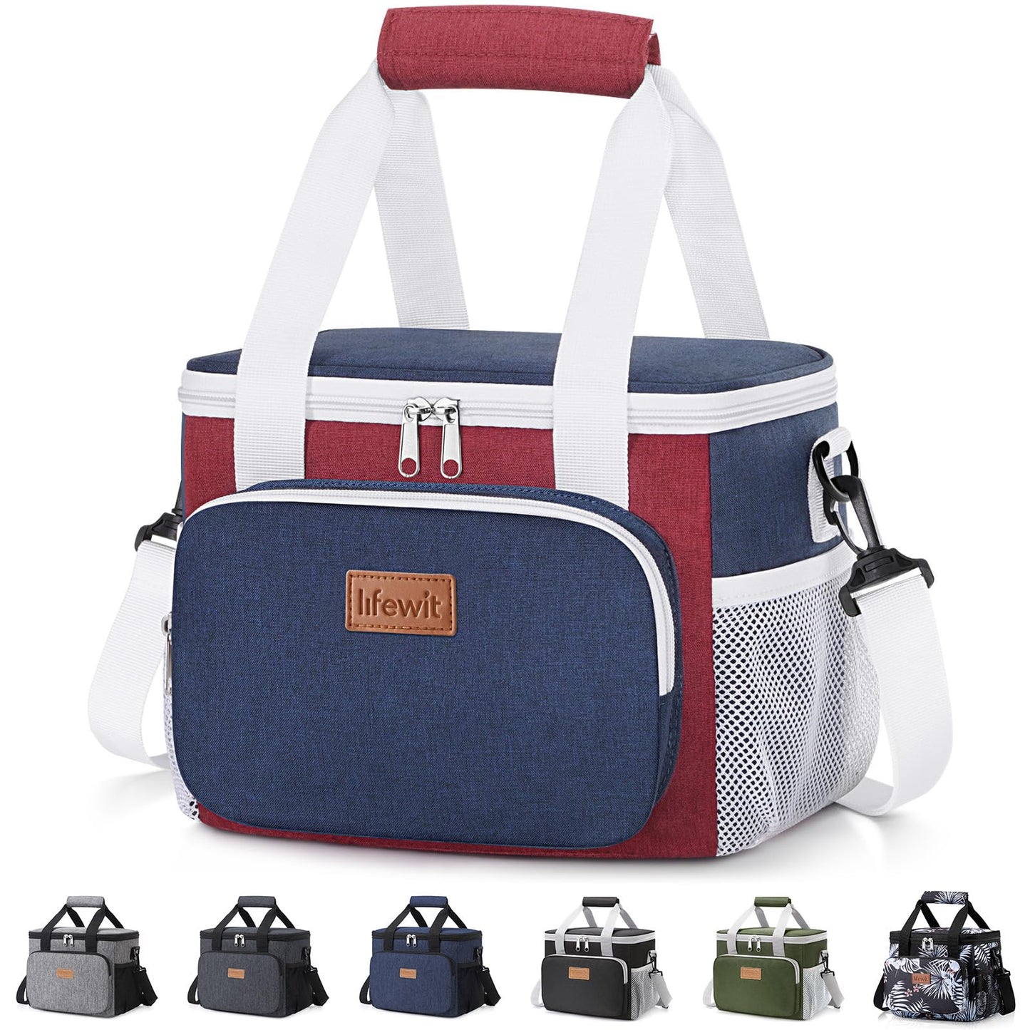 Lifewit Medium Lunch Bag, Insulated Lunch Box, Soft Cooler Cooling Tote for Adult Men Women, White and Red and Blue 12-Can (9L)