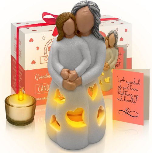 Gigi Hand-Painted Grandma-Granddaughter Candle Holder Statue - Flickering LED Gift | Unique Birthday & Christmas Present