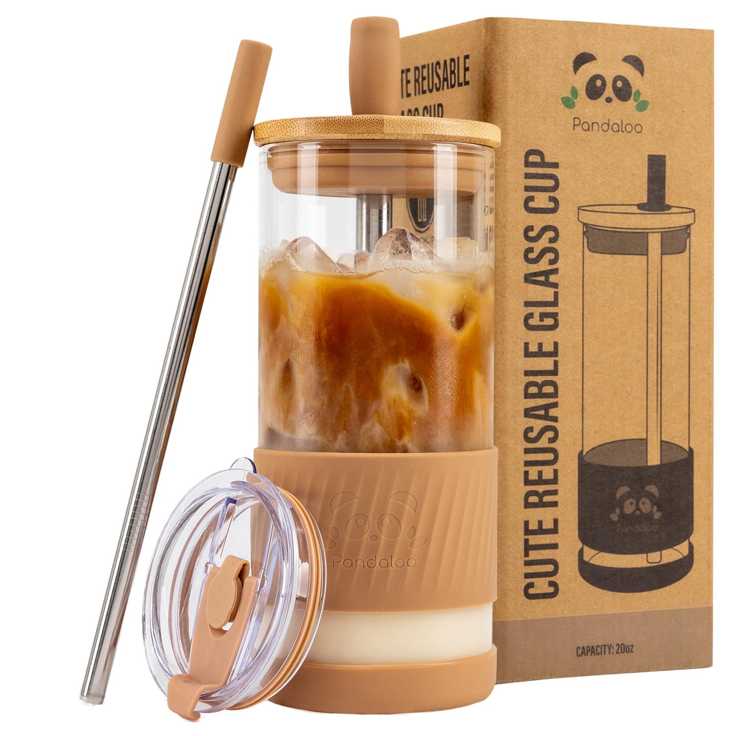 Pandaloo® Glass Cups With Lids and Straws -20 Fl Oz- Perfect Size Iced Coffee Cup - Smoothie Cup With Bamboo Lid and On the go Lid - (2 Count (Pack of 1), Black Saphir-Mediterranean Olive)