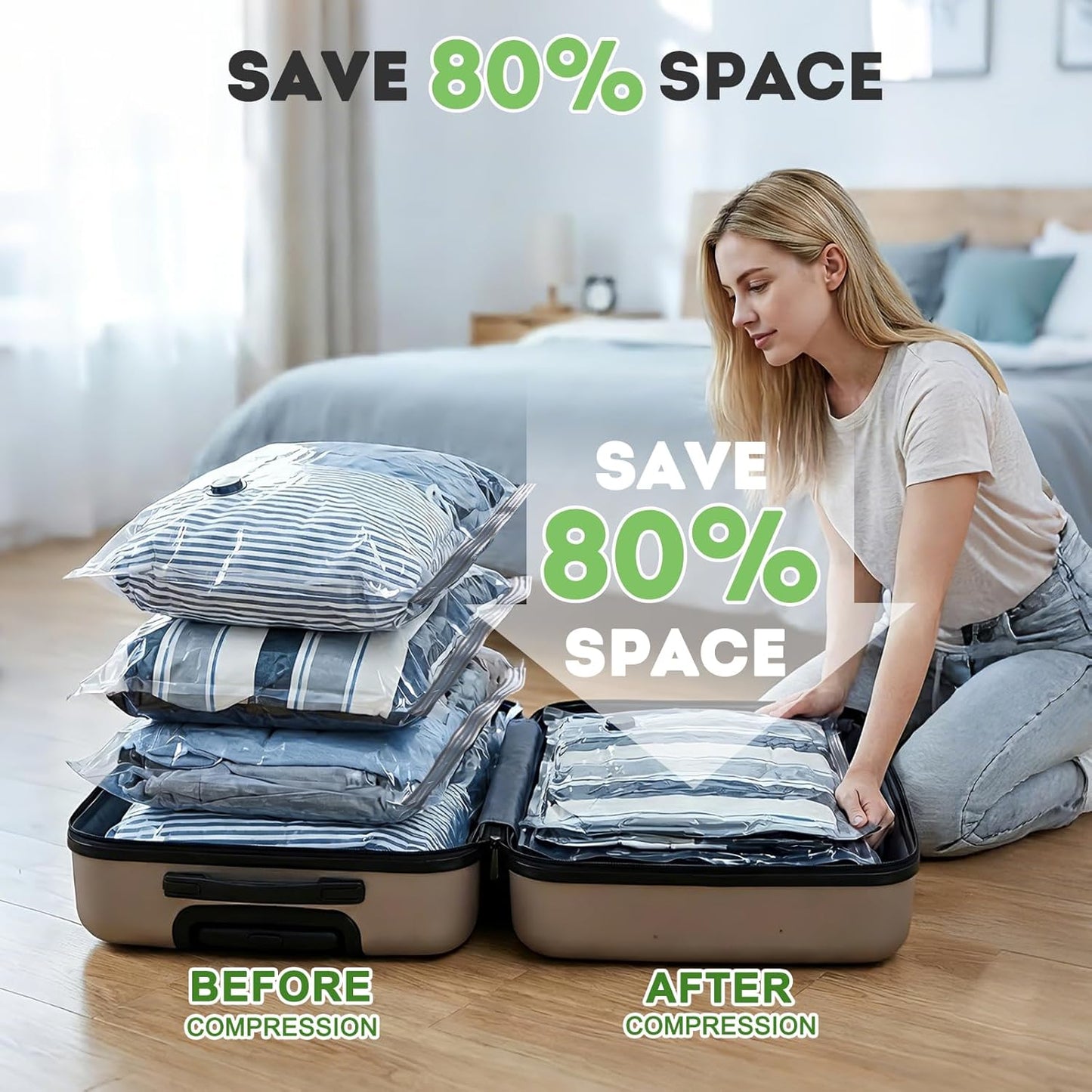 Mapambo Vacuum Storage Bags - 15 Pack Vacuum Seal Bags with USB Pump | Save 80% Luggage Space, 3 Sizes