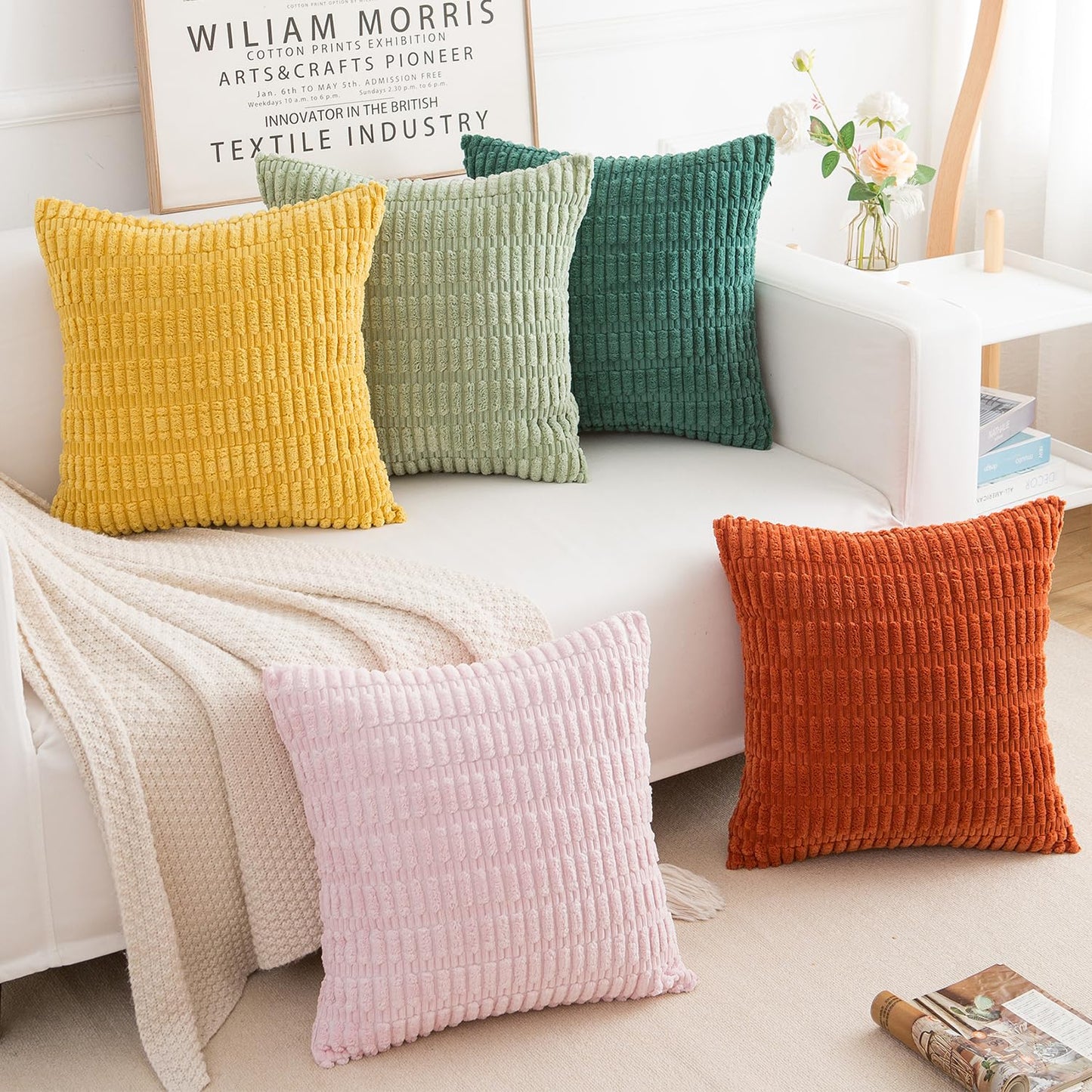 HERAYLI Corduroy Decorative Throw Pillow Covers, Boho Stripe Soft Square Cushion Case Home Decor for Living Room Couch Bed Sofa, Set of 2 Pack, Pink, 18x18 Inch