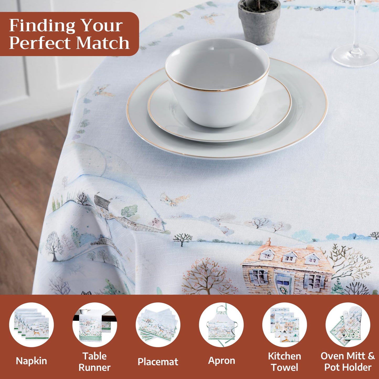 Maison d' Hermine Table Cloth Round Table 100% Cotton 63 Inches Fall Tablecloth Reusable Everyday Use for Thanksgiving Christmas Decorations Dining Farmhouse Party (Snowy World)