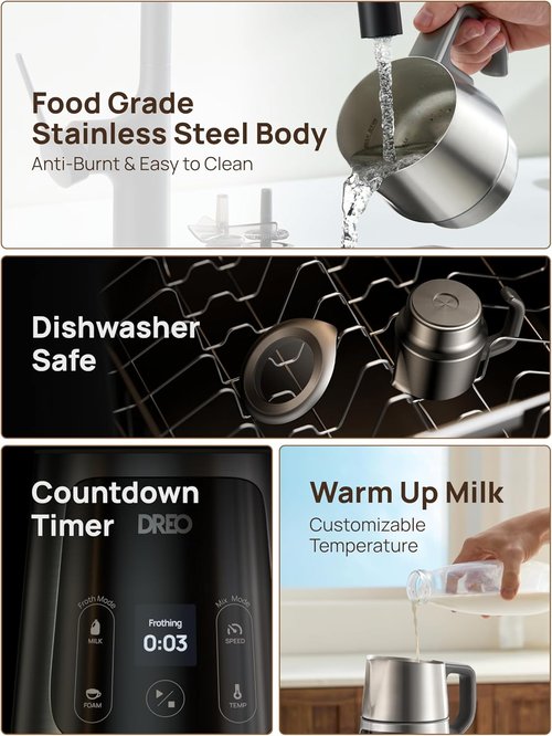 DREO Electric Milk Frother - All-in-One Foam Maker for Coffee & Latte Art | 15oz Capacity, Easy to Clean