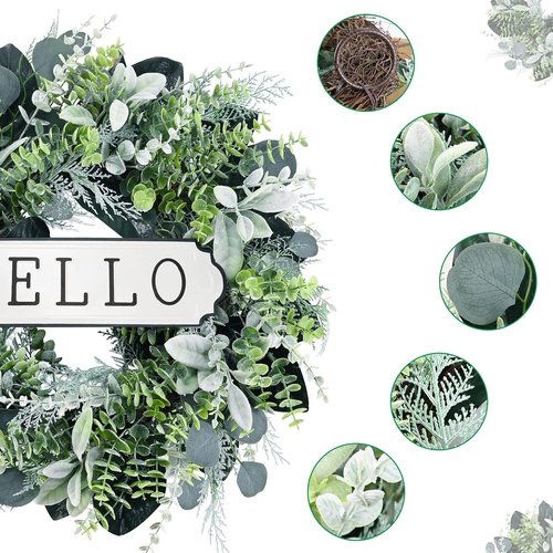 Hello 24-Inch Boxwood Wreath - Farmhouse Eucalyptus & Flocked Lambs Ear for Front Door Decor