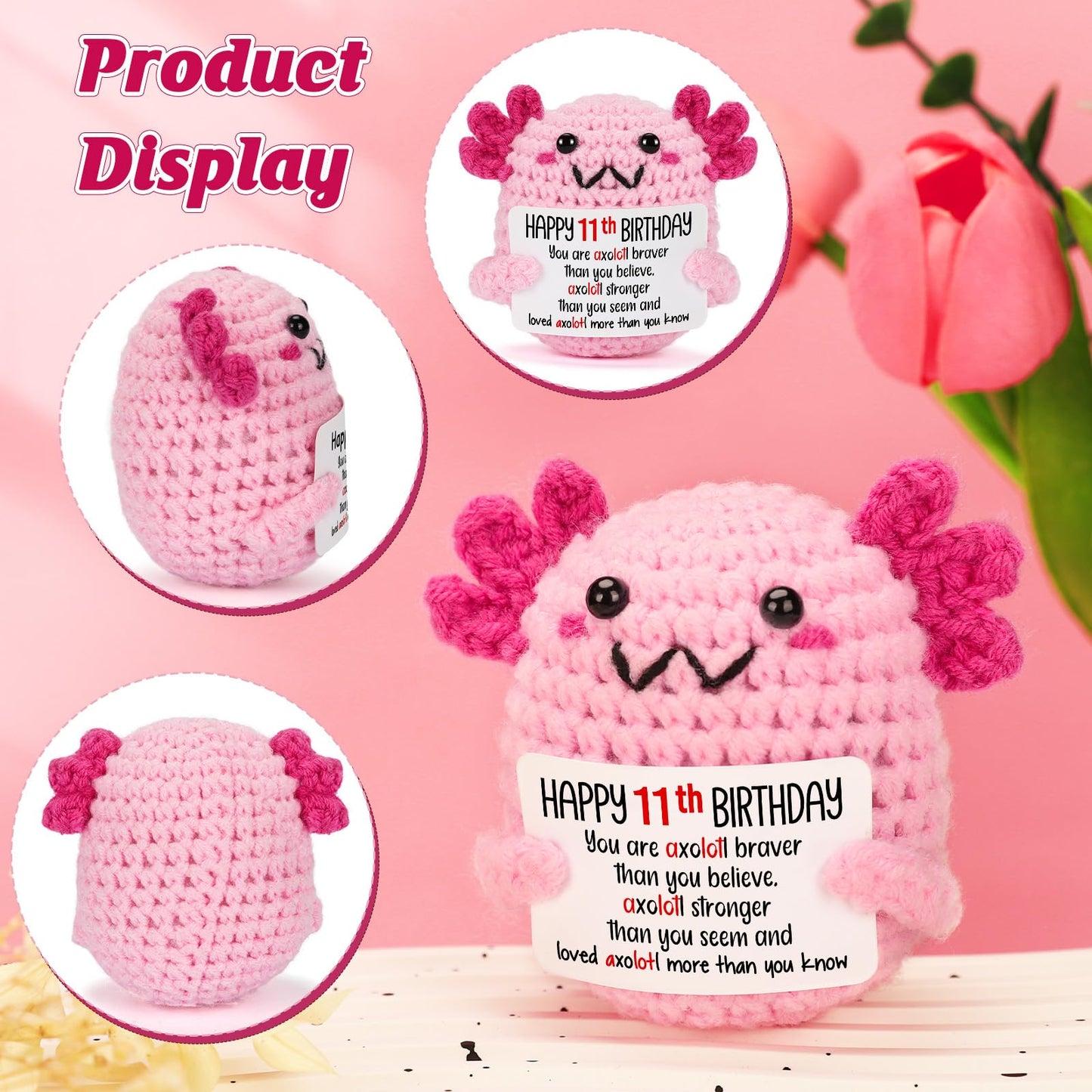 WEYON 11 Year Old Girl Birthday Gift Ideas, Mini Crochet Axolotl Plush for 11th Birthday Gift for Girls, 11th Pink Decorations, 11 YO Presents Axolotl Toy