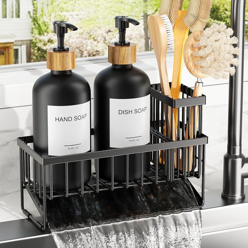 Cisily Dish Soap Dispenser Set - 2 Pack 16.9oz Black Glass Bottles with Adjustable Sponge Holder
