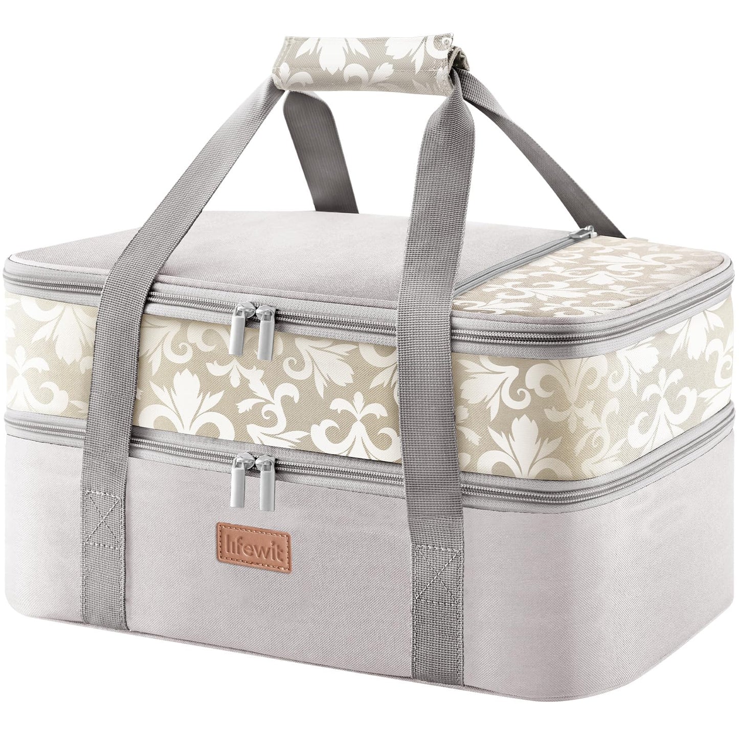 Lifewit Insulated Double Decker Casserole Carrier for Hot or Cold Food, Lasagna Lugger Holder Fits 9" x 13" Baking Dish, Thermal Lunch Tote Bag for Potluck Parties, Picnic and Cookouts, Grey