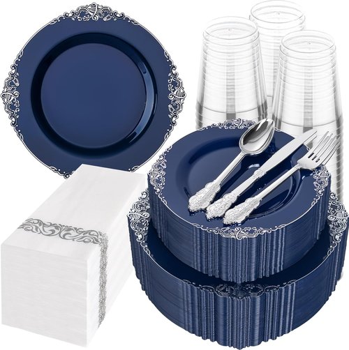 Hioasis 350pcs Blue and Silver Party Plates - Heavy-Duty Set for 50 Guests with Cutlery, Napkins & Cups