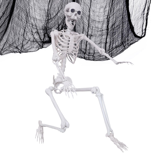 IDMOP Halloween Skeleton Decorations,5.4Ft Life size skeleton with Movable Joints Full Size Skeleton with Halloween Creepy Cloth Black 120×85inch for Halloween Decorations Outdoor Indoor, White