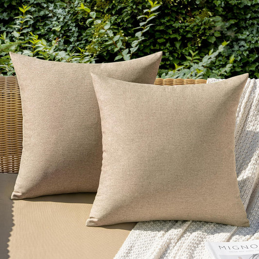 MIULEE Decorative Outdoor Throw Pillow Covers - Waterproof Faux Linen Cushion Cases | 18x18 Inch Light Tan (Pack of 2)
