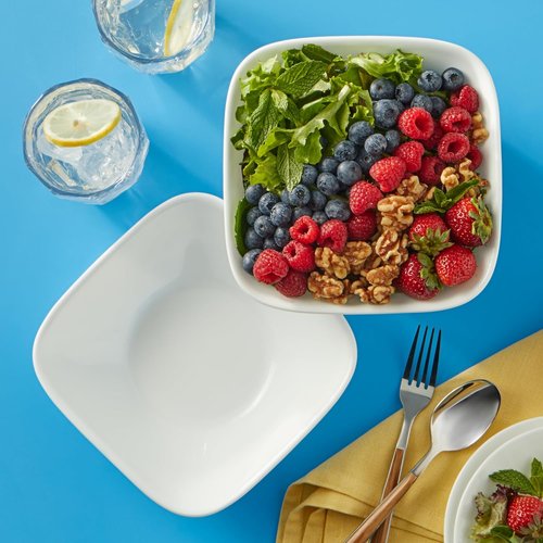 Corelle Vitrelle 2-PC Large Glass Serving Bowl Set - Crack & Chip Resistant, White Square Design