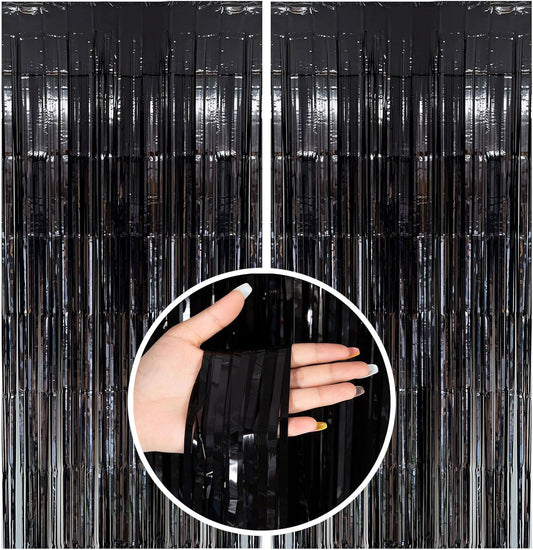 Skiennix Black Foil Fringe Streamers - Elegant Backdrop Curtains for Birthday & Halloween Parties