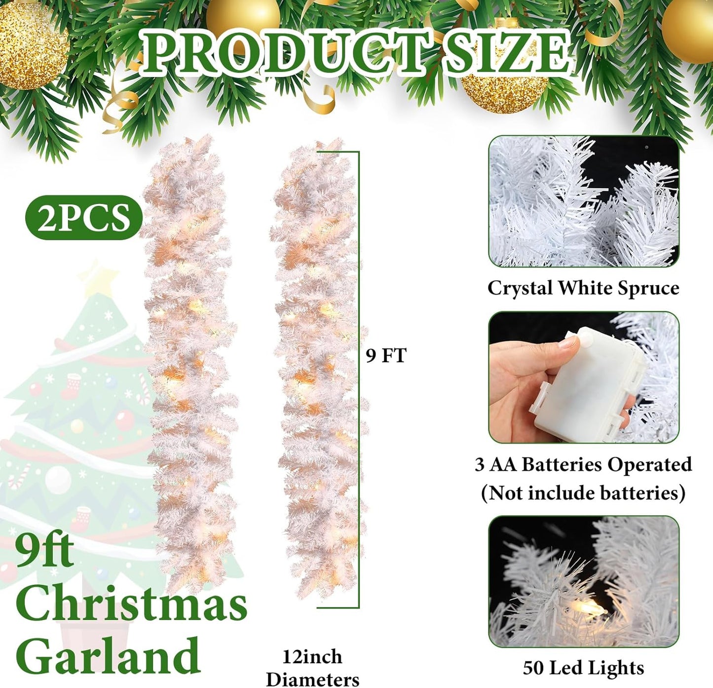 Hotop 9 ft Faux Spruce Artificial Christmas Garland LED Garland Warm Pine Prelit Battery Operated Lighted Garland for Seasonal Indoor Home Fireplace Mantle Tree Stair Decor (2 Pcs,White)