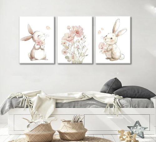 Grengel Bunny Canvas Wall Art - Cute Rabbit & Wildflowers Painting for Nursery | Baby Room Decor
