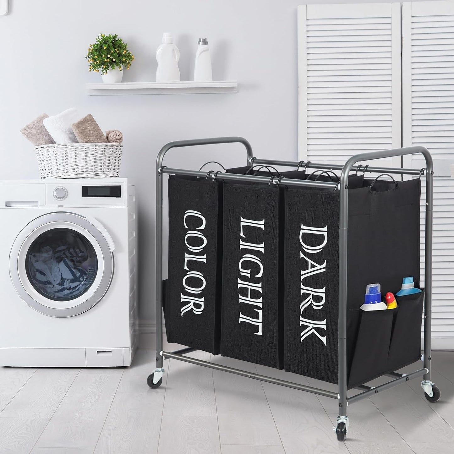 Storage Maniac 3-Section Laundry Sorter - 35.9 Gal Rolling Hamper Cart with Lockable Wheels & Removable Bag - Black