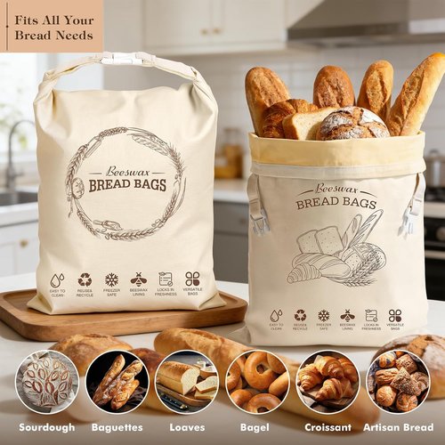 Aofmee Beeswax Bread Bags - XL Reusable Sourdough Bags for Fresh Homemade Bread | 2 Pack Natural Cotton