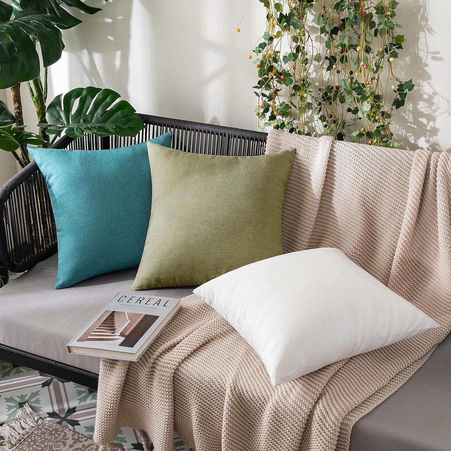 MIULEE Decorative Outdoor Throw Pillow Covers - Waterproof Faux Linen Cushion Cases | 20x12 Inch Light Olive Green (Pack of 2)