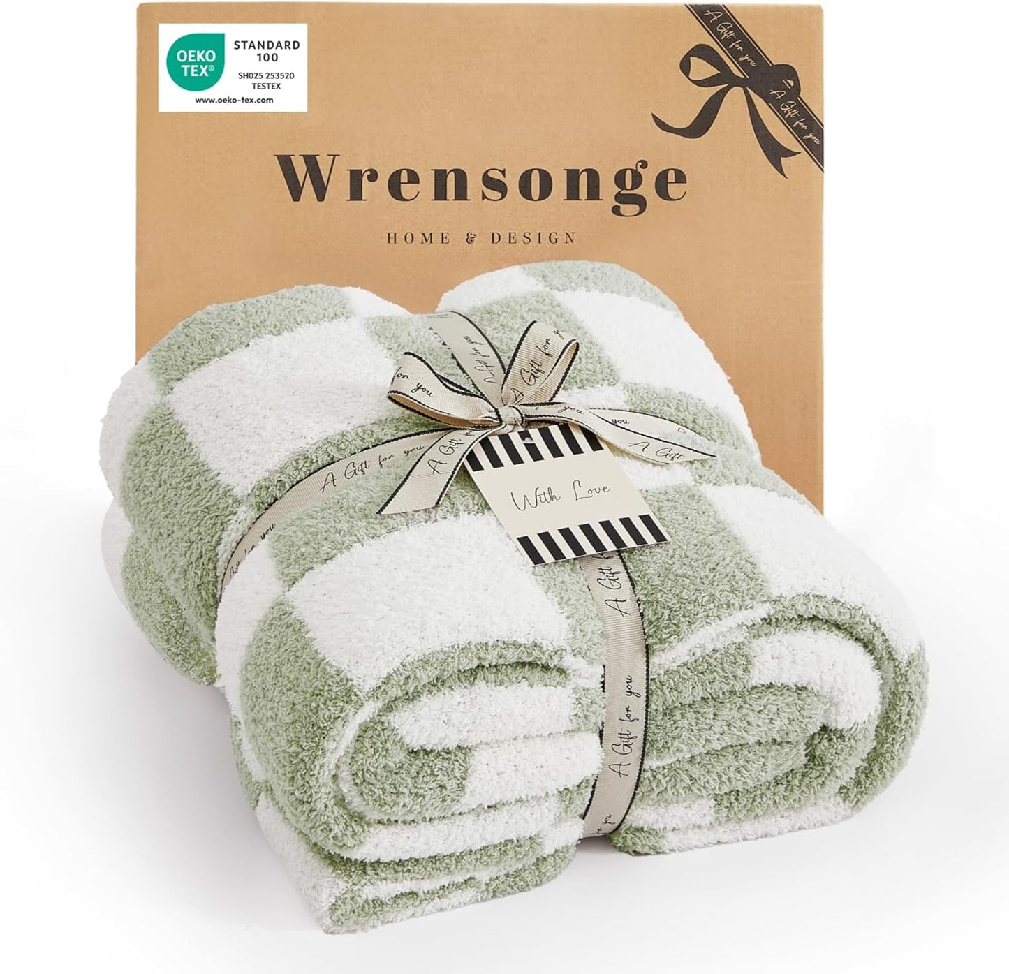 WRENSONGE Checkered Throw Blanket - Sage Green Cozy Soft Handmade Blanket for Couch & Travel
