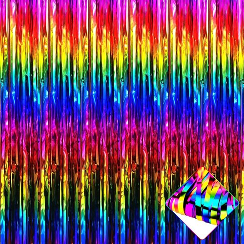 Colorful Foil Fringe Curtain Backdrop by [Brand Name] - 4 Pack Metallic Tinsel Streamers | 3.2Ft x 9.8Ft for Parties, Weddings & Events