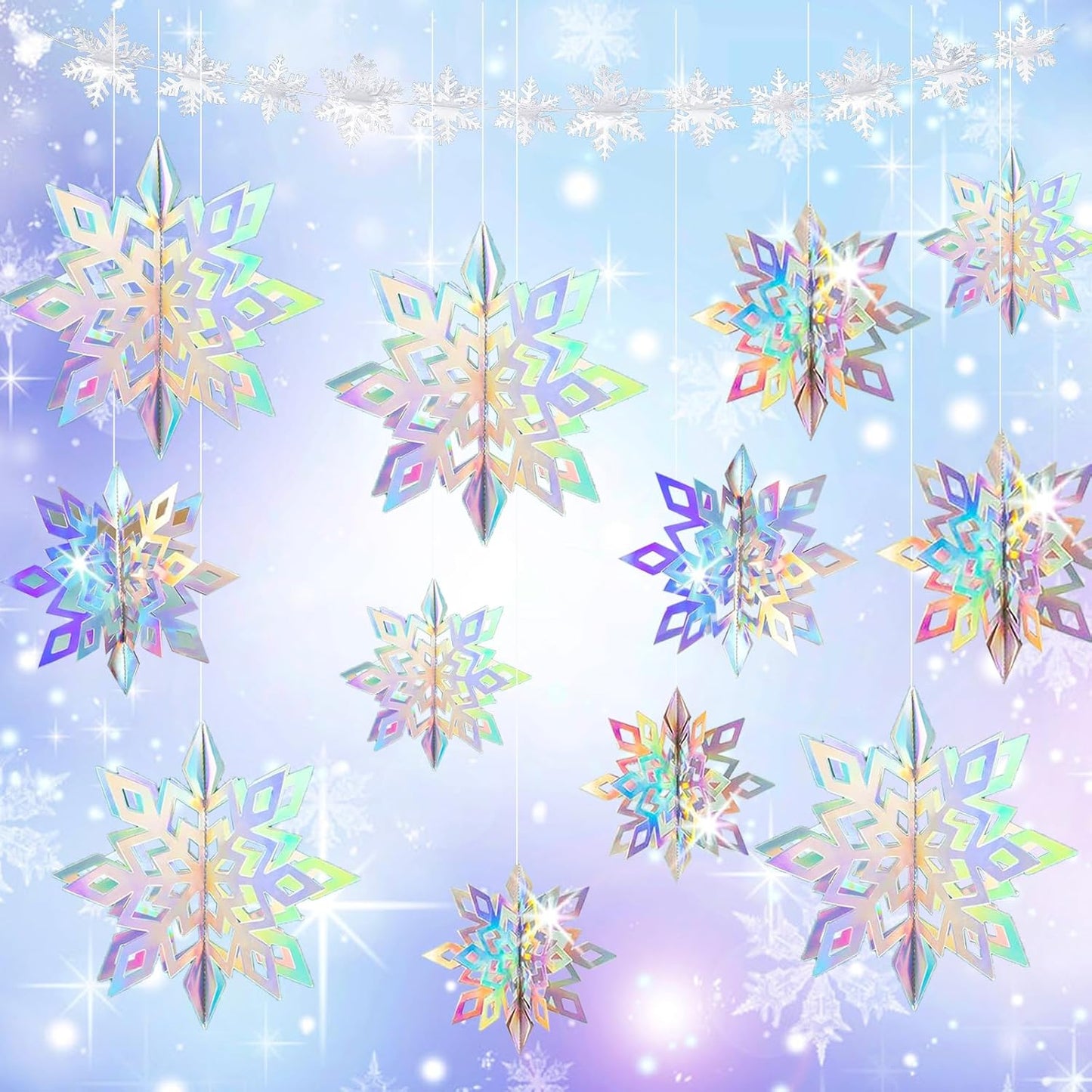 Skiennix 24 PCS Snowflake Christmas Hanging Decor - 12 Glittery & 12 White Paper Snowflakes for Winter Holiday Parties