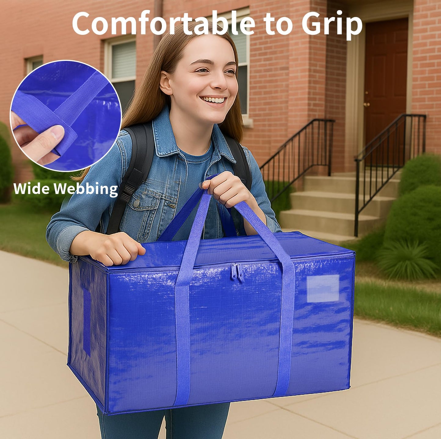 6 Pack-Extra Large Heavy Duty Moving Bags - Waterproof Storage Totes with Handles & Zippers, Foldable for College Dorm, Storage (Blue)