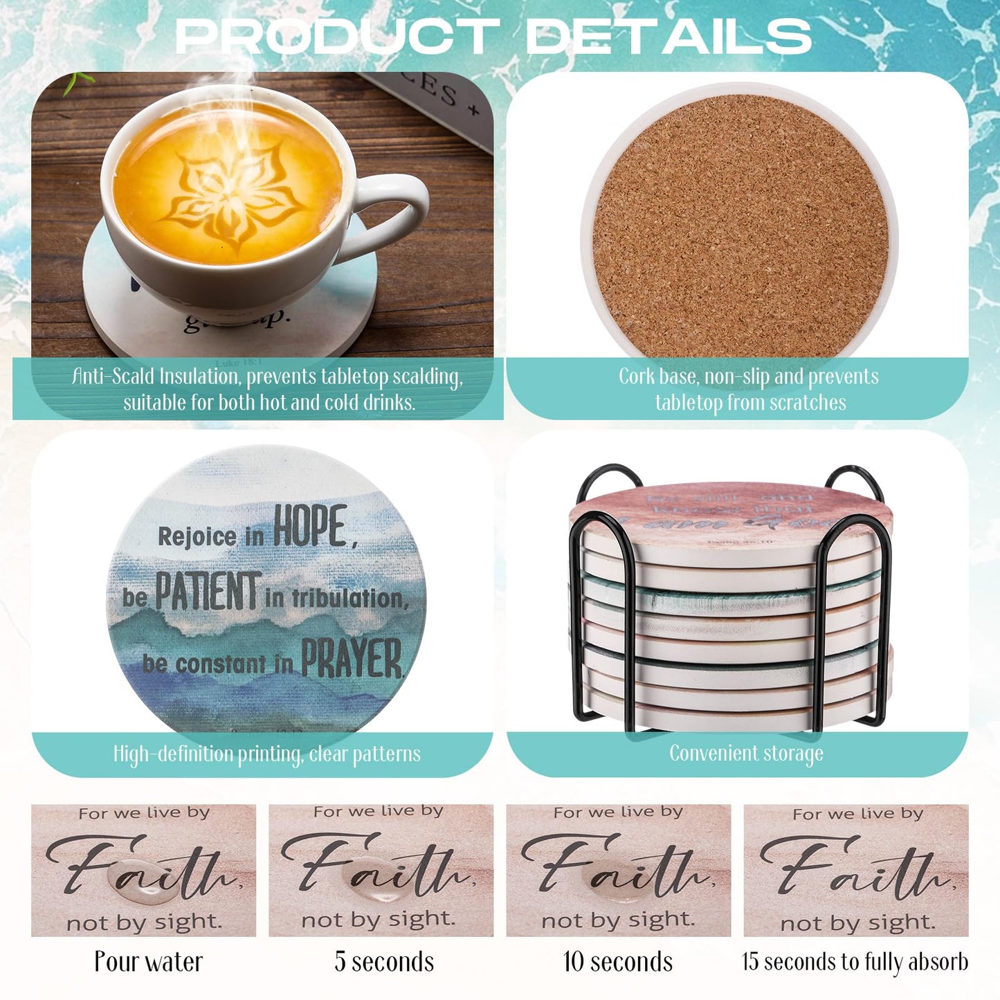 Hushee Set of 8 Christian Coasters with Bible Verses, Absorbent Ceramic Drink Coasters with Holder for Home Decor Table Protection Baptism First Communion Confirmation Gifts, 4 Inches(Gradient Style)