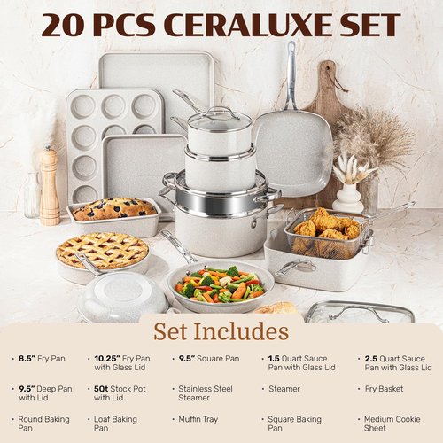 Granitestone Ceraluxe 20 Pc Ceramic Cookware Set Nonstick, Complete Pots and Pans Set Non Stick with 5 Pc Bakeware Set, Deep Frying Pan Set, & Steamer, Non Toxic PFOA Free, Oven & Dishwasher Safe