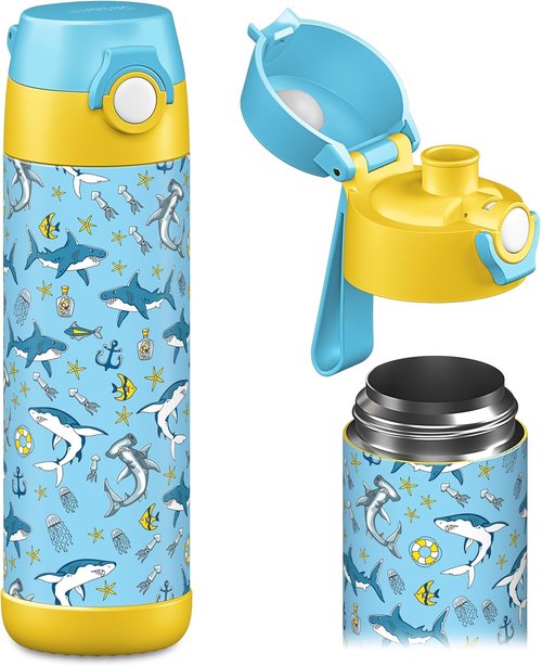 Jarlson® Kids Water Bottle MALI 18oz - Insulated Stainless Steel, Leak-Proof Design for School & Sports - Shark Print