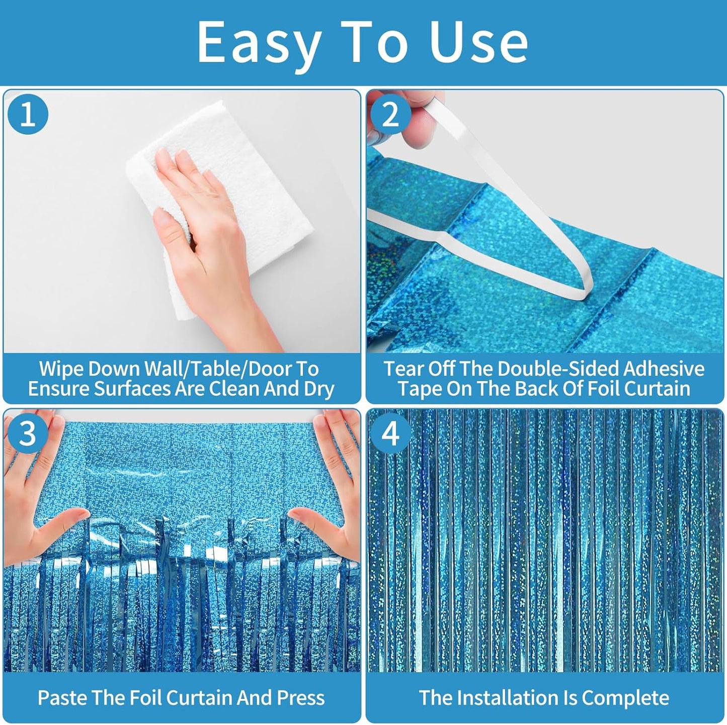 Picoway Blue Laser Foil Fringe Tinsel Backdrop Curtains - 4 Pack for Ocean-Themed Parties & Events